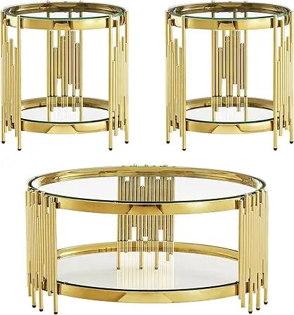 MKDK 3 Piece Glass Coffee Table Set Stainless Steel Frame