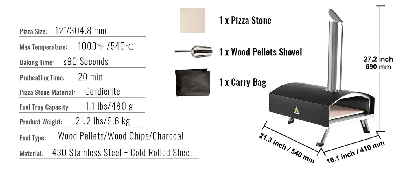 Outdoor Pizza Oven Charcoal Fired Grill Portable Stainless Steel