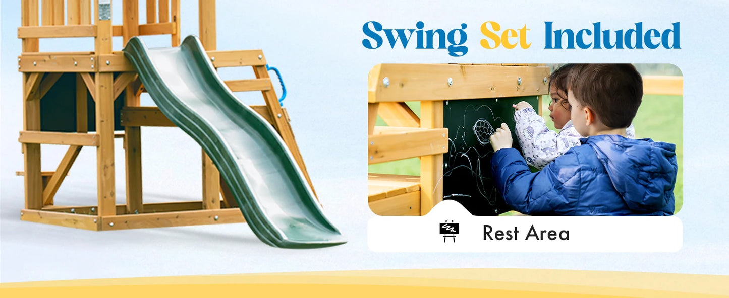 Robotime Robud Wooden Swing Set with Dual Swings Slide Rock Climbing Wall Chalkboard Telescope Fort for Backyard Fun for Kids