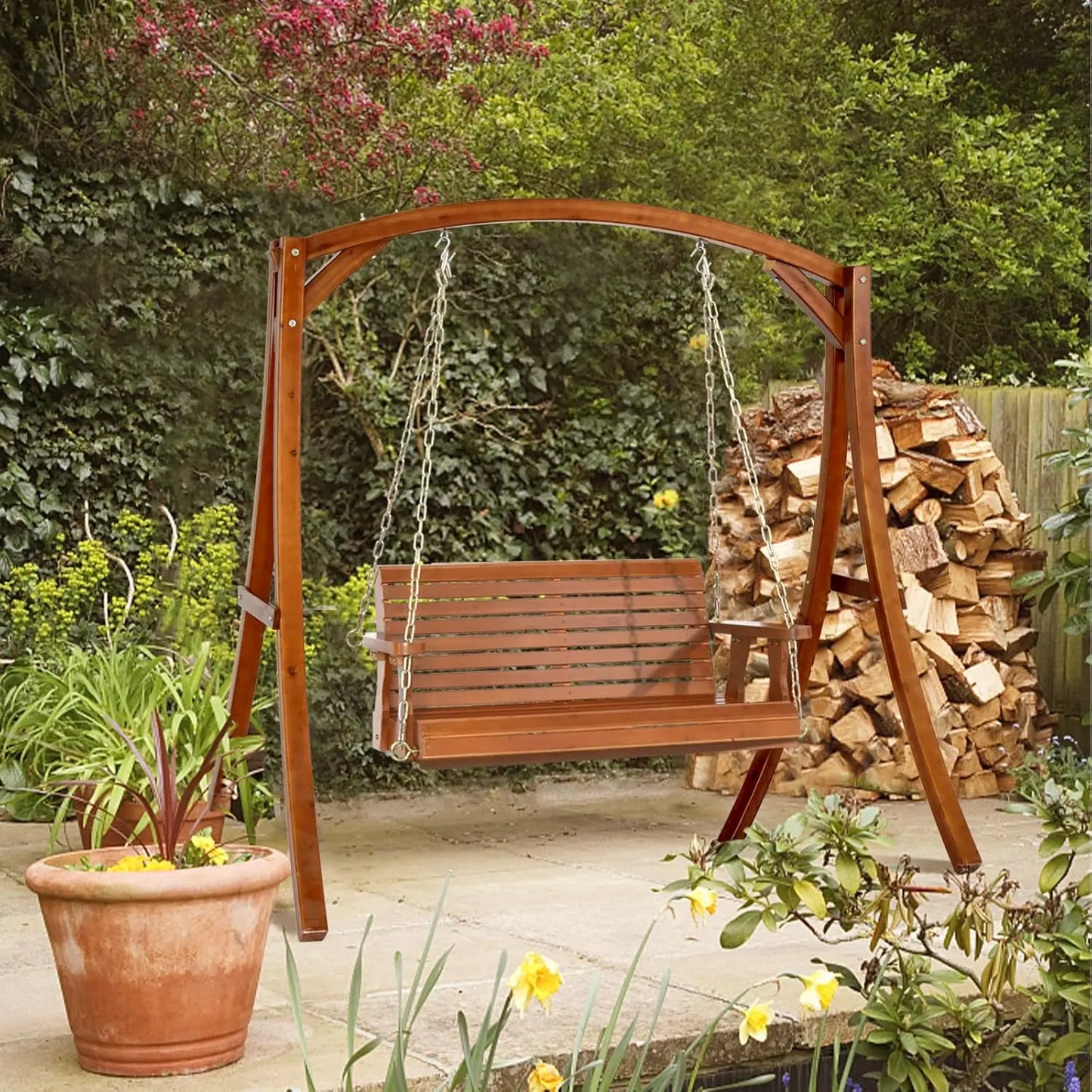 Upgraded Patio Wooden Porch Swing for Courtyard & Garden, Heavy Duty 880 LBS Swing Chair Bench with Hanging Chains, Customized