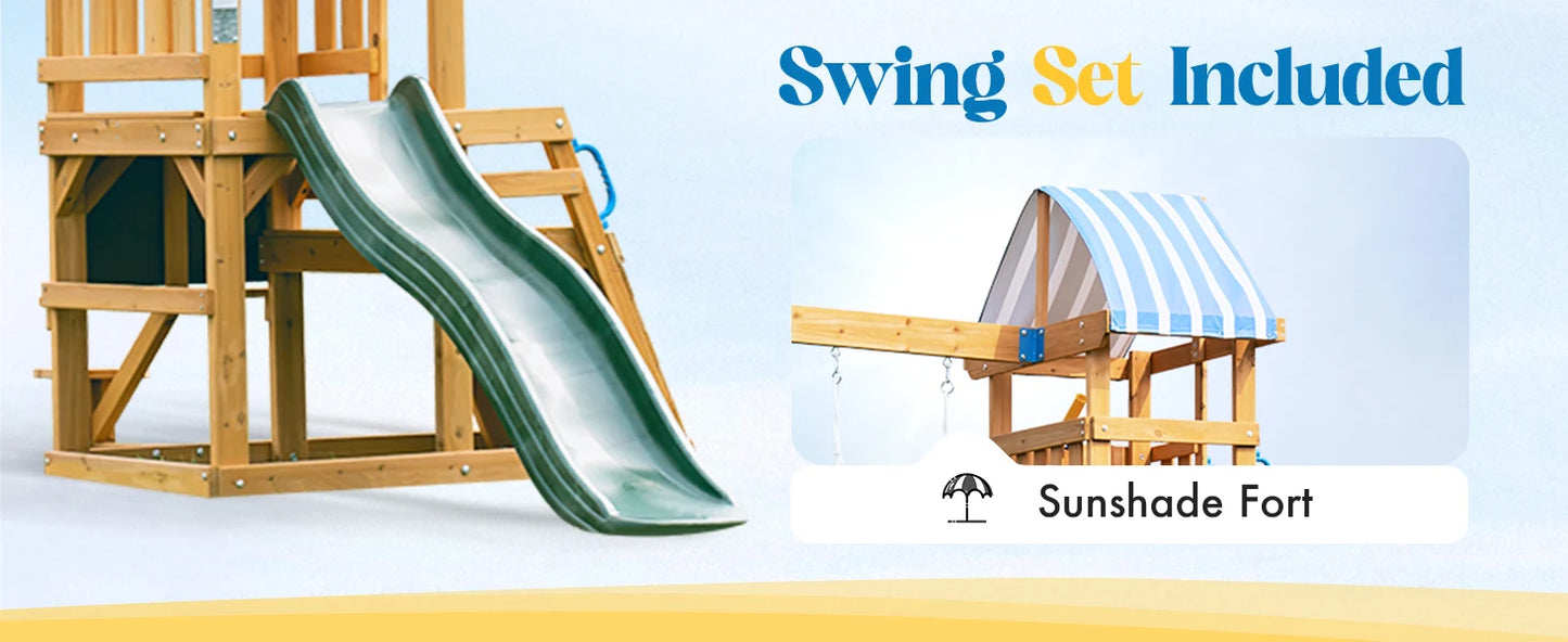 Robotime Robud Wooden Swing Set with Dual Swings Slide Rock Climbing Wall Chalkboard Telescope Fort for Backyard Fun for Kids