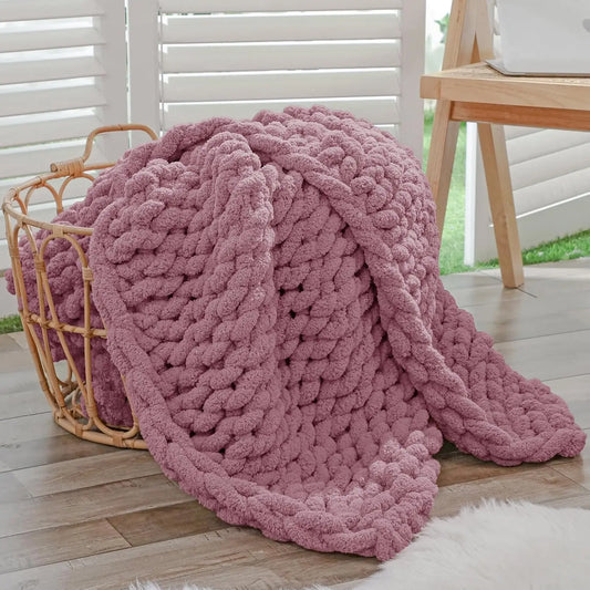 Chunky Knit Throw Blanket, 40x60 Inches, Handmade with Soft Chenille Yarn for Couch and Bed in Burnt Rose