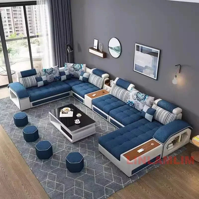 MANBAS U Shaped Sectional Fabric Sofa With Storage Built In Side Tables USB