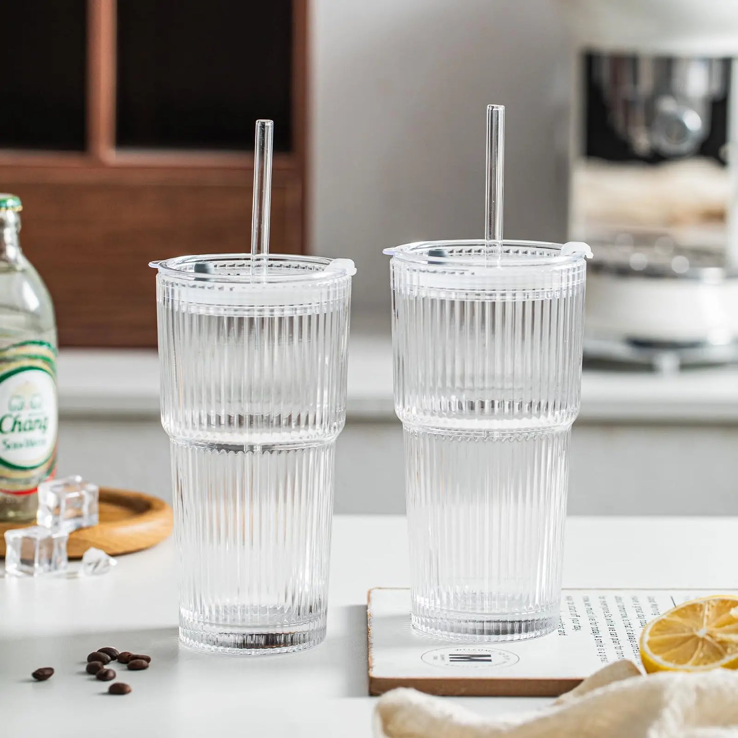 KEMORELA Ribbed Glass Tumblers With Lids And Straws Set
