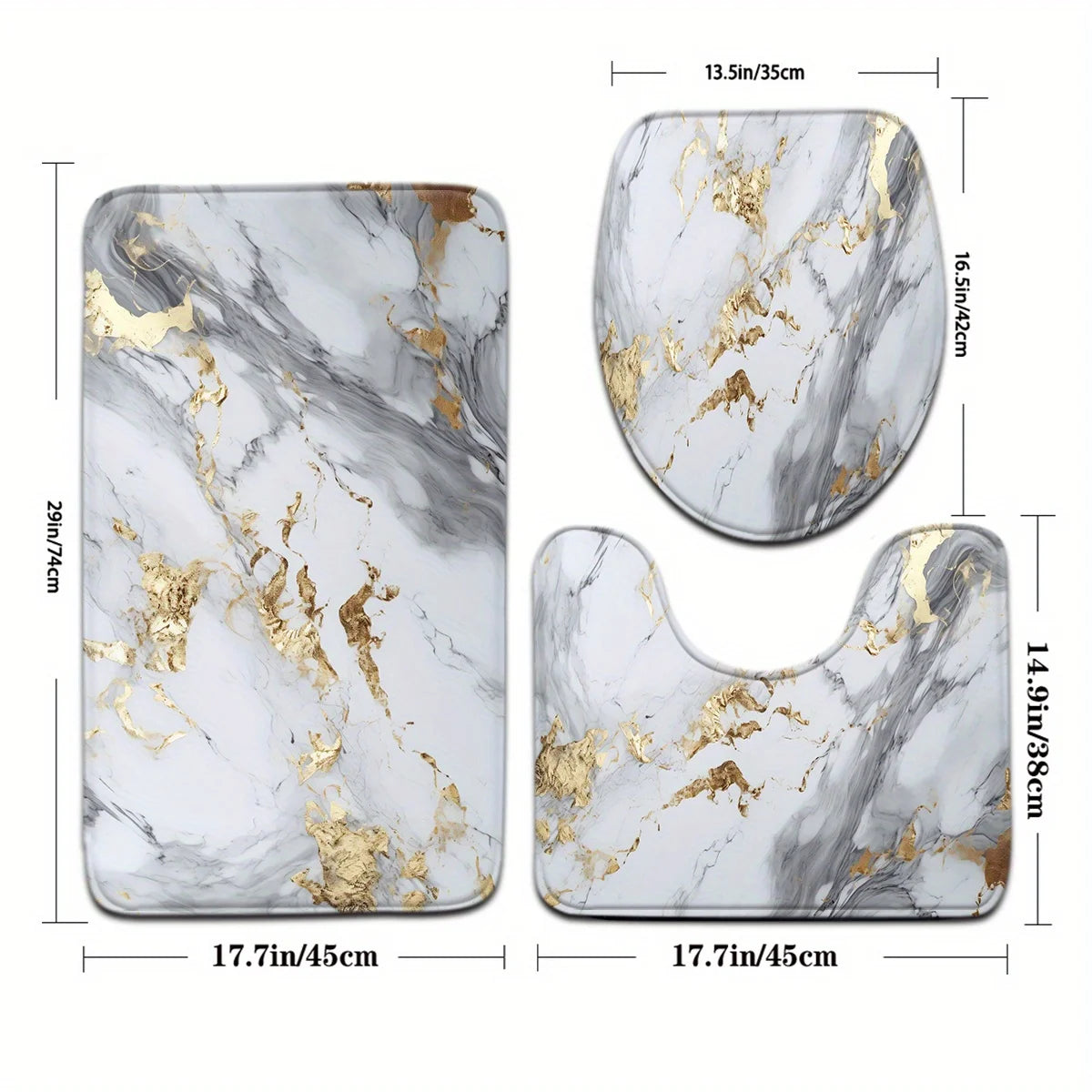 Marble Bathroom Mat Set Non Slip U Shaped Floor Mat Toilet Seat Polyester