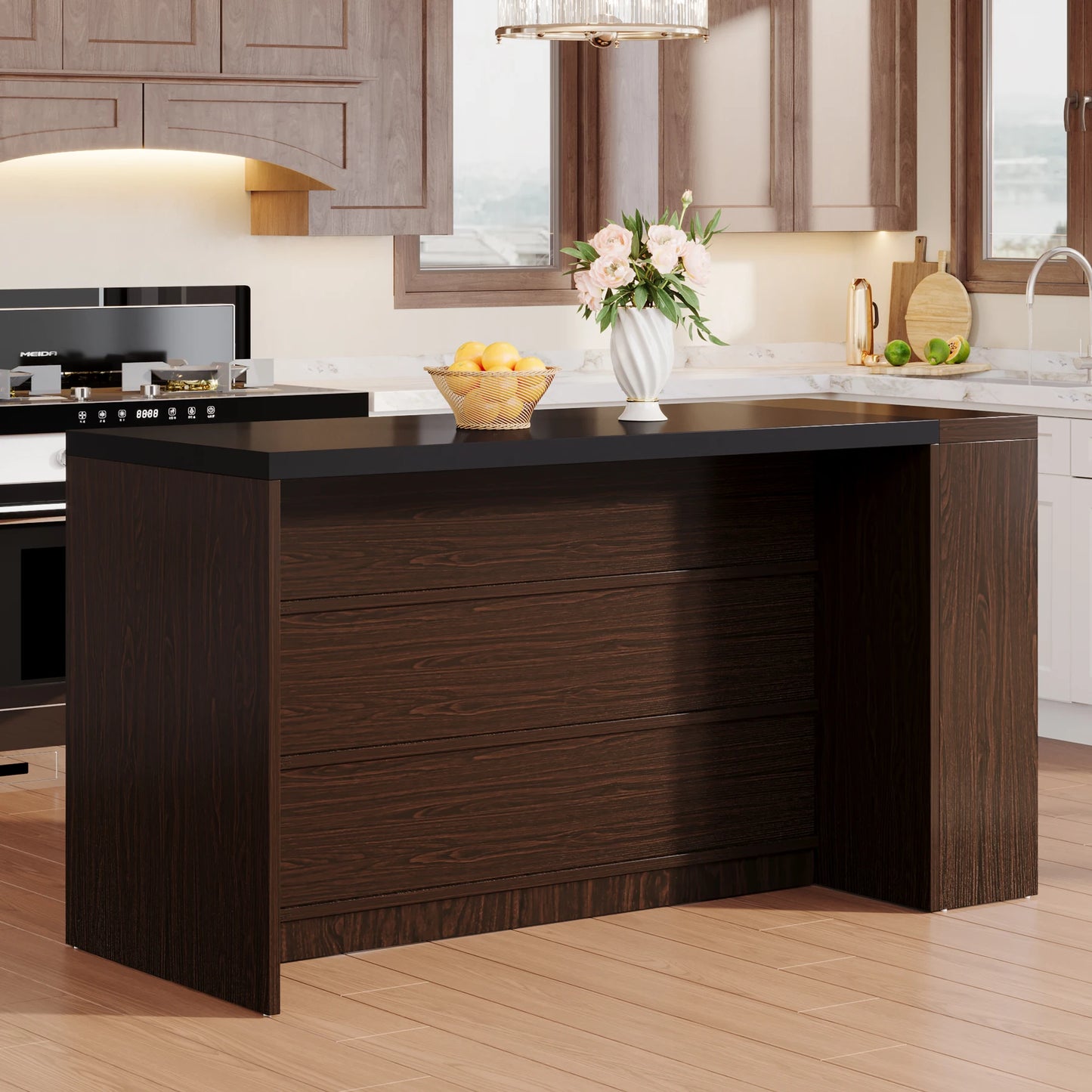 Tribesigns Farmhouse Kitchen Island with Storage and 5-Tier Shelves