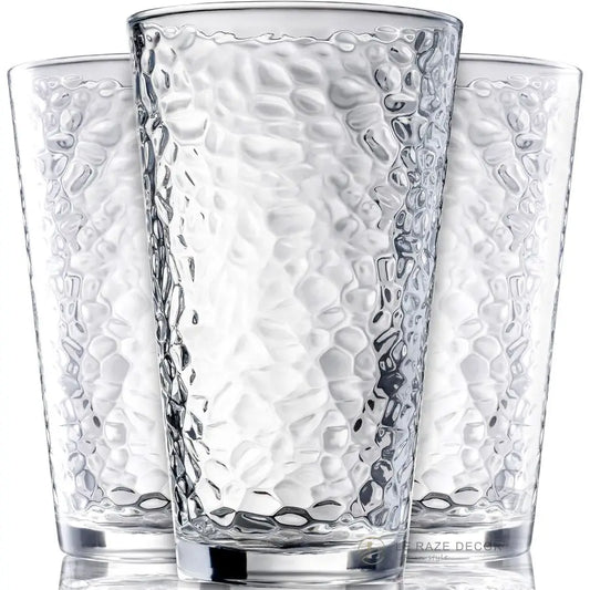 of 10 Hammered Glass Cups, 16oz. Dishwasher Safe Cocktail Drinking Glasses Clear Heavy Base Stemmed Water Glasses, Tall Beer Gla