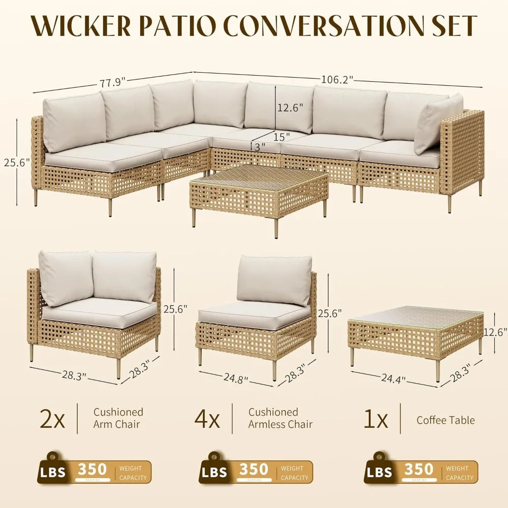 7-Piece Wicker Outdoor Patio Furniture Set, Modular Rattan Outdoor Furniture, Patio Conversation Sets Outdoor Sectionals Sofa,