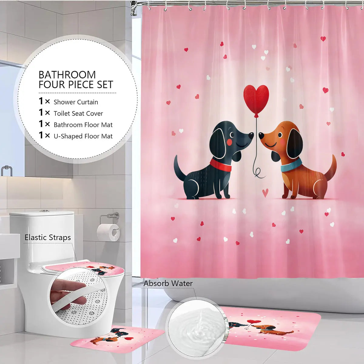 4pcs Valentine's Day Pink Romantic Sausage Dog Print Bathroom Set Waterproof Shower Curtain Floor Mat U-shaped Toilet Mat