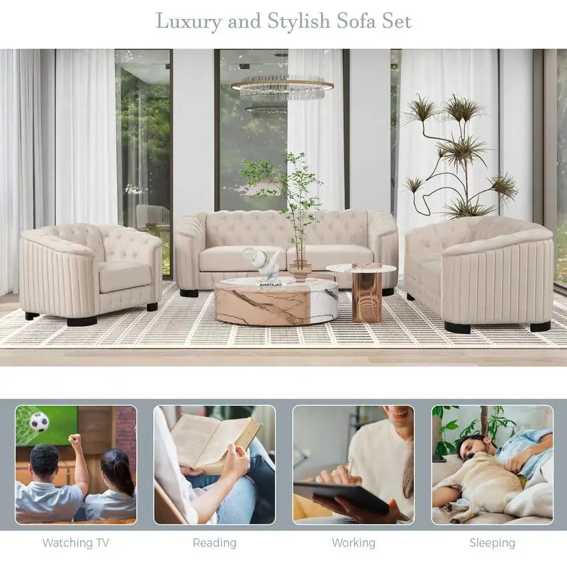 Sichuan Modern Velvet Upholstered 3-Piece Sofa Set With Rubber Wood Legs