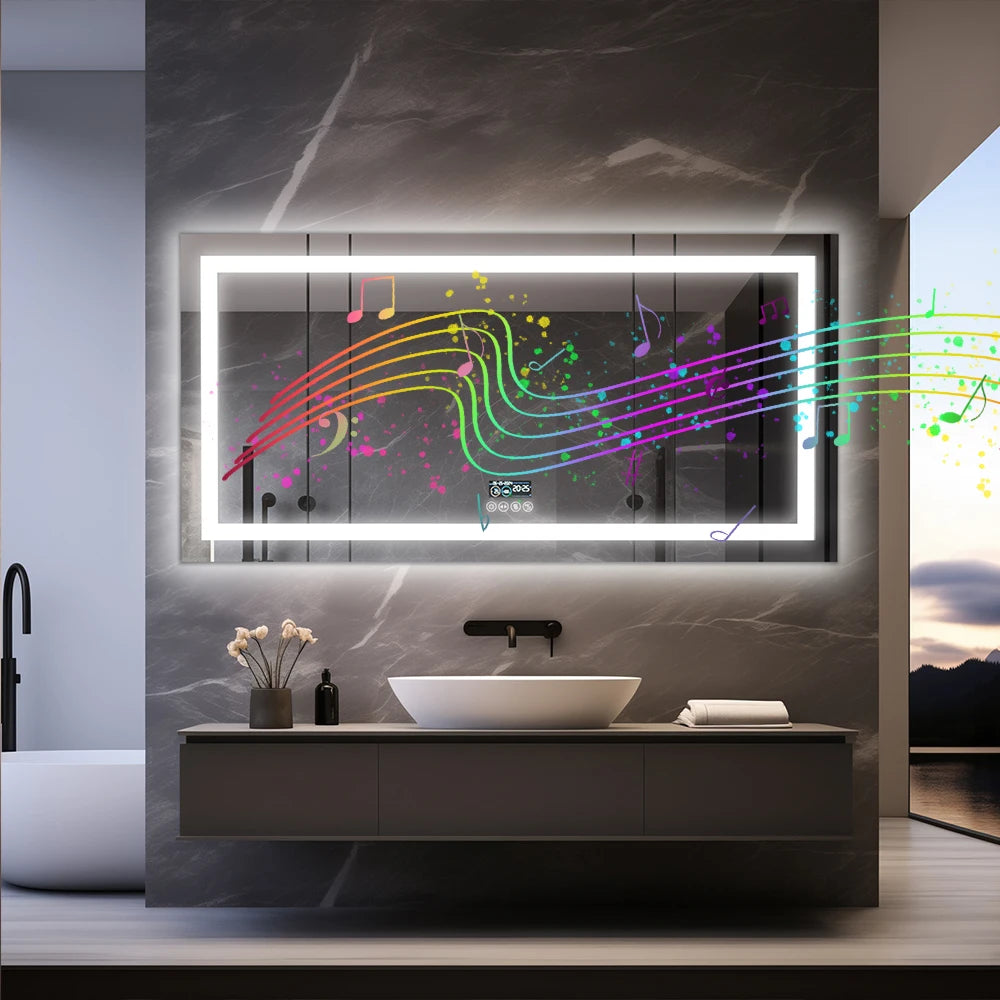 LED Lighted Bathroom Mirror with Bluetooth Speaker Smart LED Vanity Makeup Wall Mounted Mirrors 3 Lights Setting Anti-Fog RBG