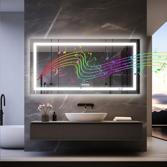 LED Lighted Bathroom Mirror with Bluetooth Speaker Smart LED Vanity Makeup Wall Mounted Mirrors 3 Lights Setting Anti-Fog RBG