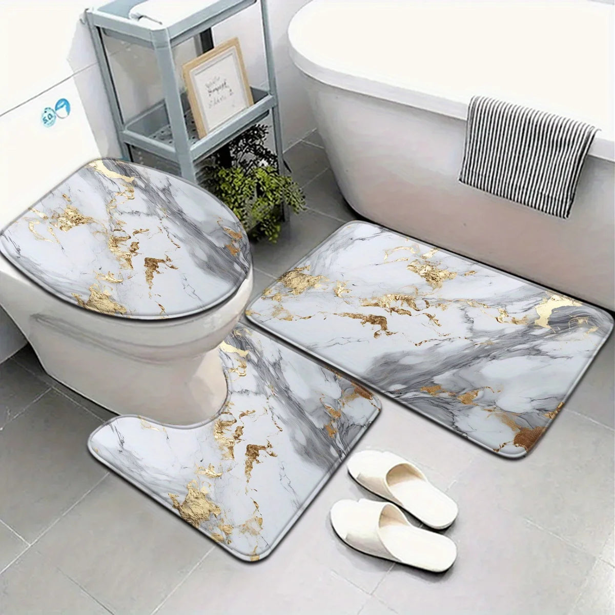 Marble Bathroom Mat Set Non Slip U Shaped Floor Mat Toilet Seat Polyester