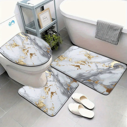 Marble Bathroom Mat Set Non Slip U Shaped Floor Mat Toilet Seat Polyester