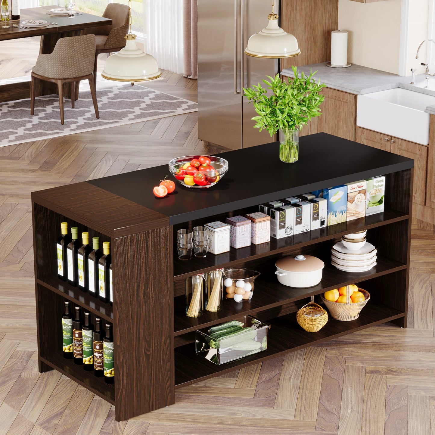 Tribesigns Farmhouse Kitchen Island with Storage and 5-Tier Shelves