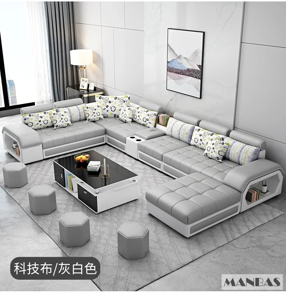 Linlamlim U Shape Fabric Sofa Set With USB Ports And Stools