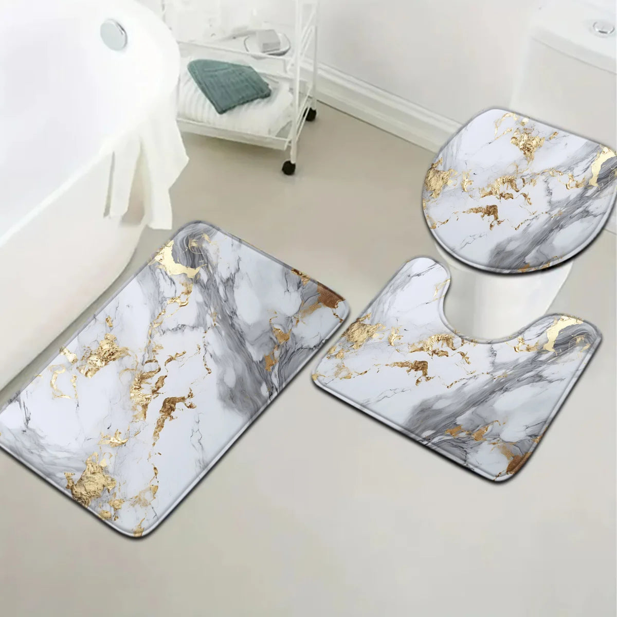 Marble Bathroom Mat Set Non Slip U Shaped Floor Mat Toilet Seat Polyester