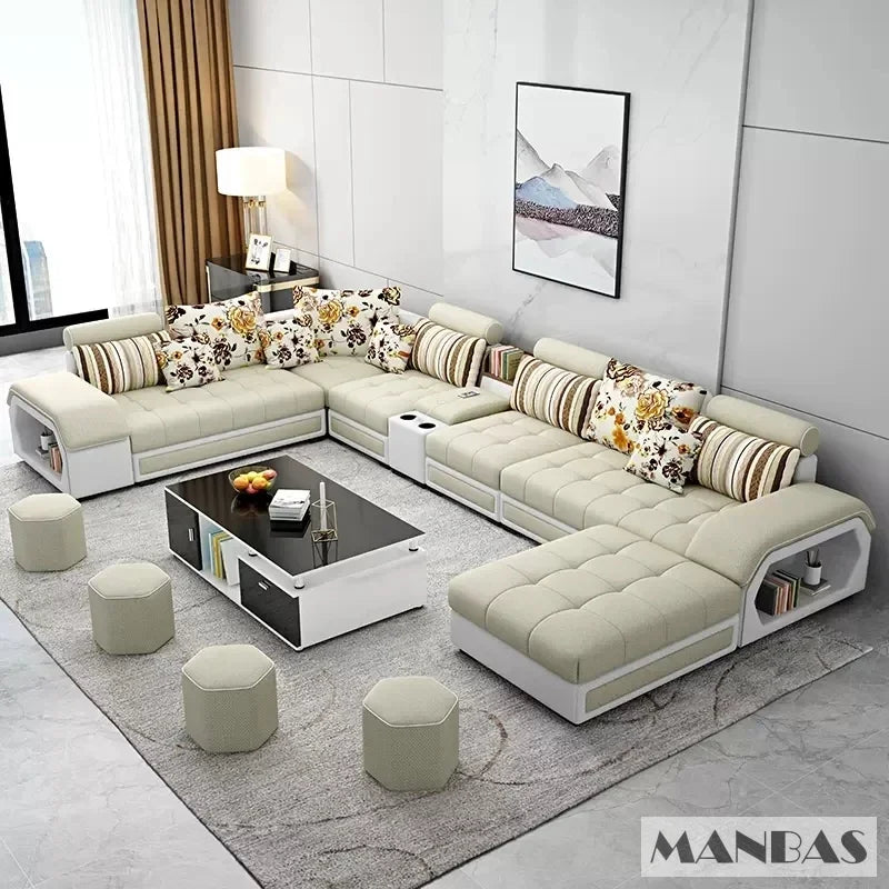 Linlamlim U Shape Fabric Sofa Set With USB Ports And Stools