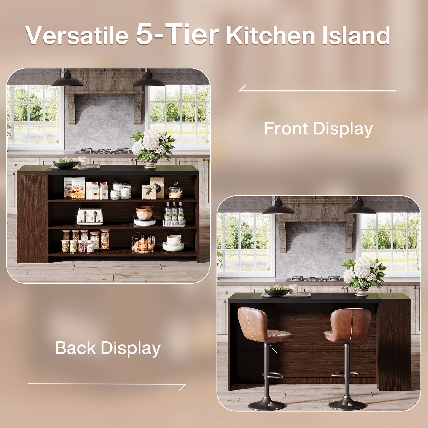 Tribesigns Farmhouse Kitchen Island with Storage and 5-Tier Shelves