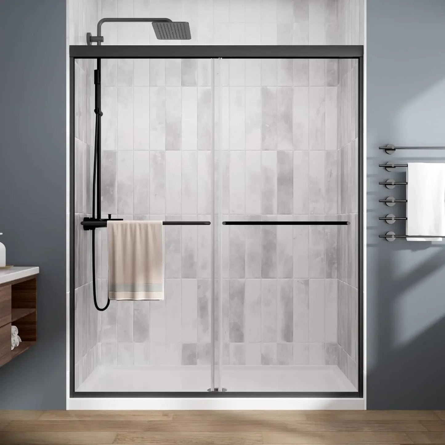 Shower Door，Royal Guard 44-48" W x 70" H Semi-Frameless Double Sliding Glass  SGCC Tempered Glass，Bypass Shower ，Matte Black