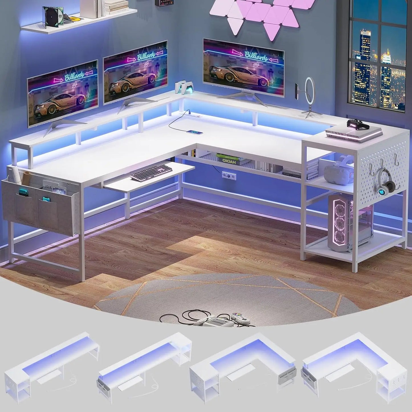 Zhuxiang L Shaped Computer Desk With Power Outlets And LED