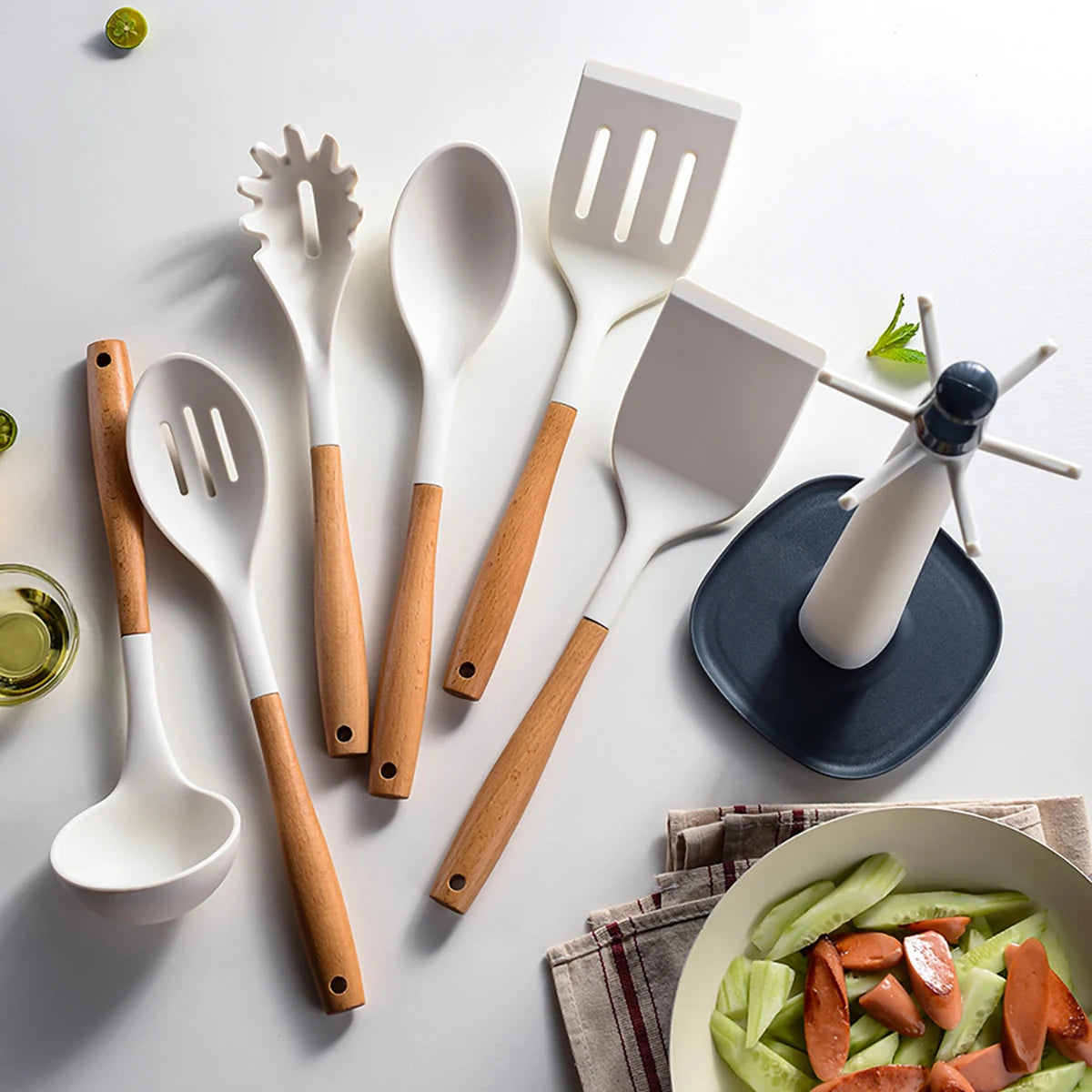HELOTIC Silicone Kitchen Utensil Set Six To Seven Pieces With Storage Stand