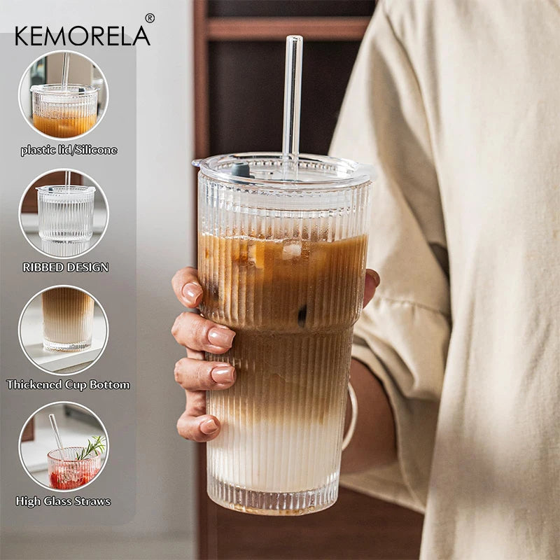 KEMORELA Ribbed Glass Tumblers With Lids And Straws Set