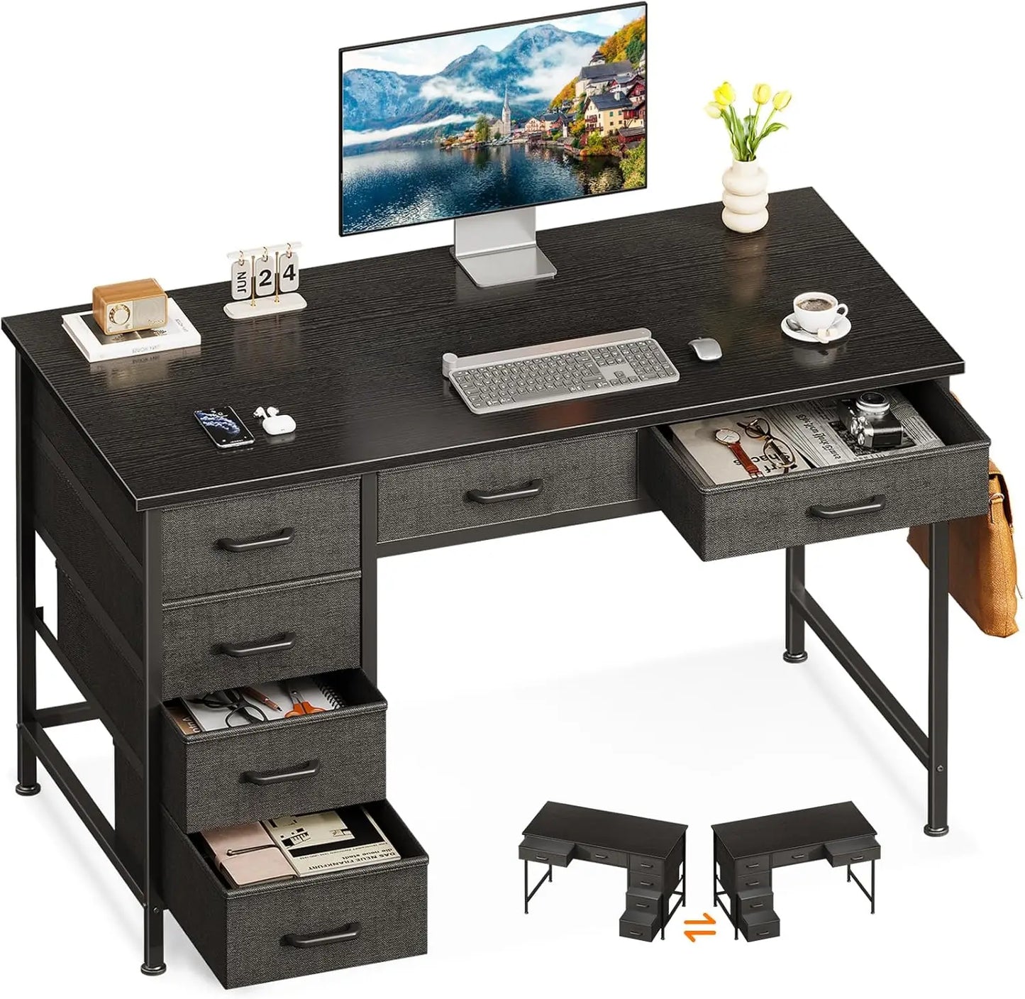 ODK 40 Inch White Computer Desk, 6 Drawers Reversible Desk with Headphone Hook, Small Storage Desk for Home Office Study Bedroom