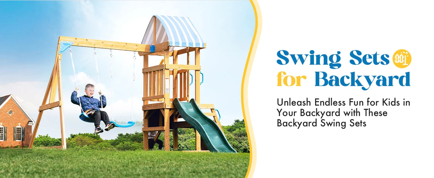 Robotime Robud Wooden Swing Set with Dual Swings Slide Rock Climbing Wall Chalkboard Telescope Fort for Backyard Fun for Kids