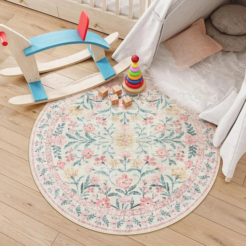 DIXSG Boho Washable Round Rug For Bedroom And Nursery Cotton