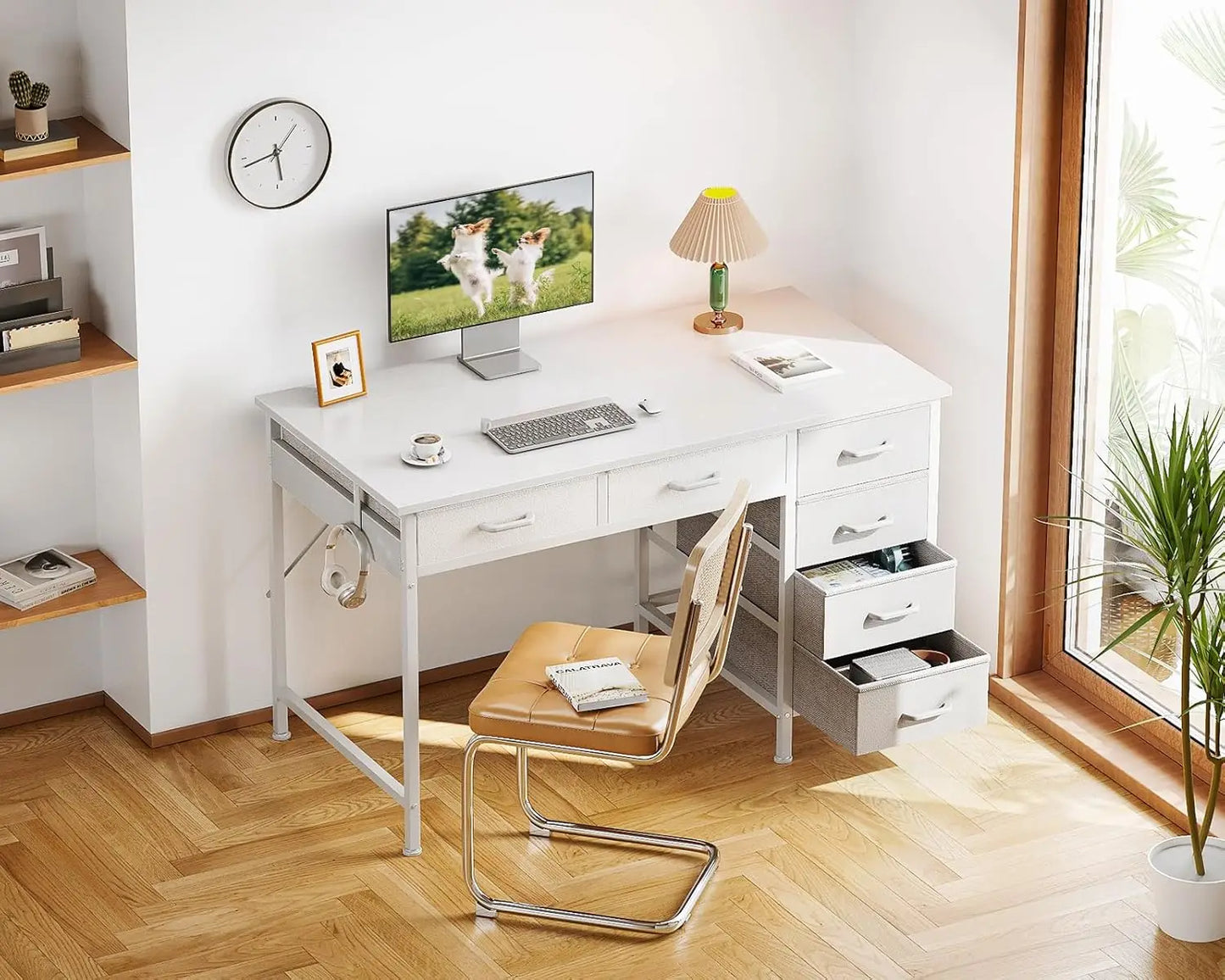 ODK 40 Inch White Computer Desk, 6 Drawers Reversible Desk with Headphone Hook, Small Storage Desk for Home Office Study Bedroom