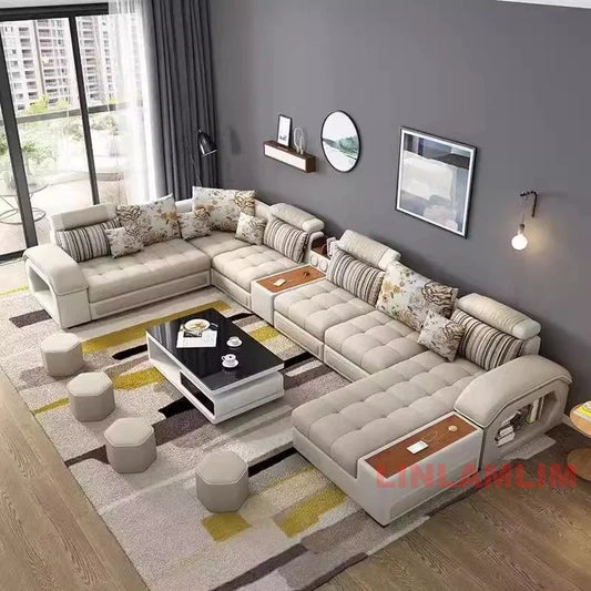 MANBAS U-Shaped Sectional Fabric Sofa Set With Built-In Storage