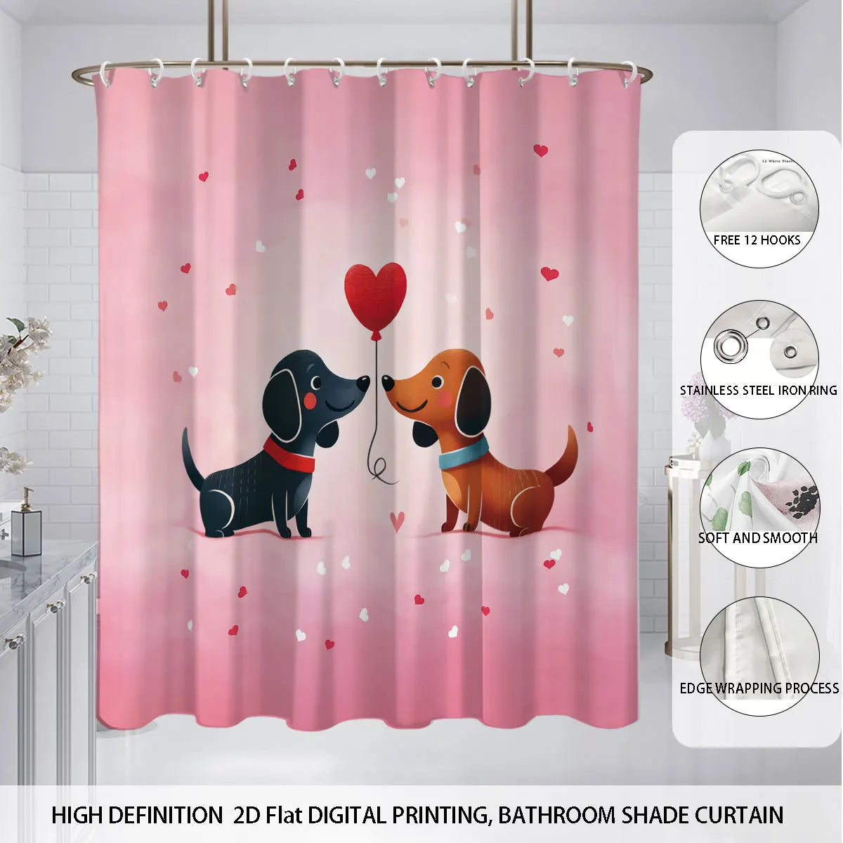4pcs Valentine's Day Pink Romantic Sausage Dog Print Bathroom Set Waterproof Shower Curtain Floor Mat U-shaped Toilet Mat