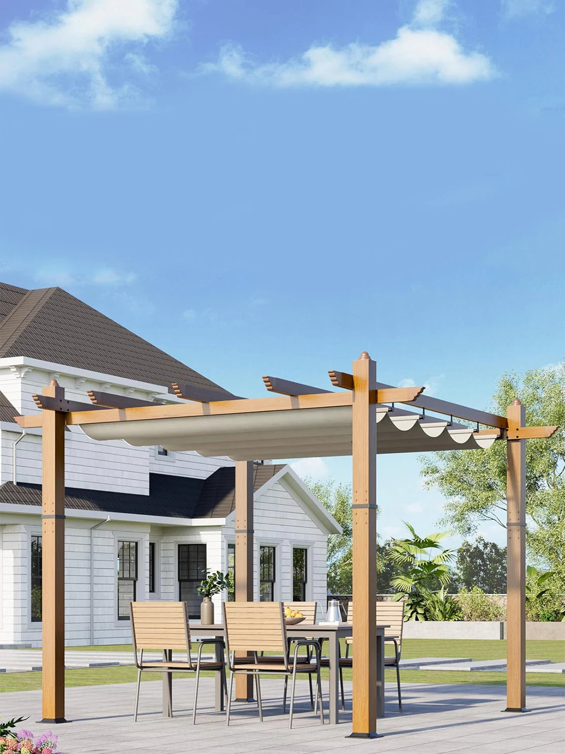 10X10FT 10X13FT Outdoor Pergola With Retractable Canopy,  Faux Wood Grain Metal Patio Gazebo, Modern Yard Pergola Shelter