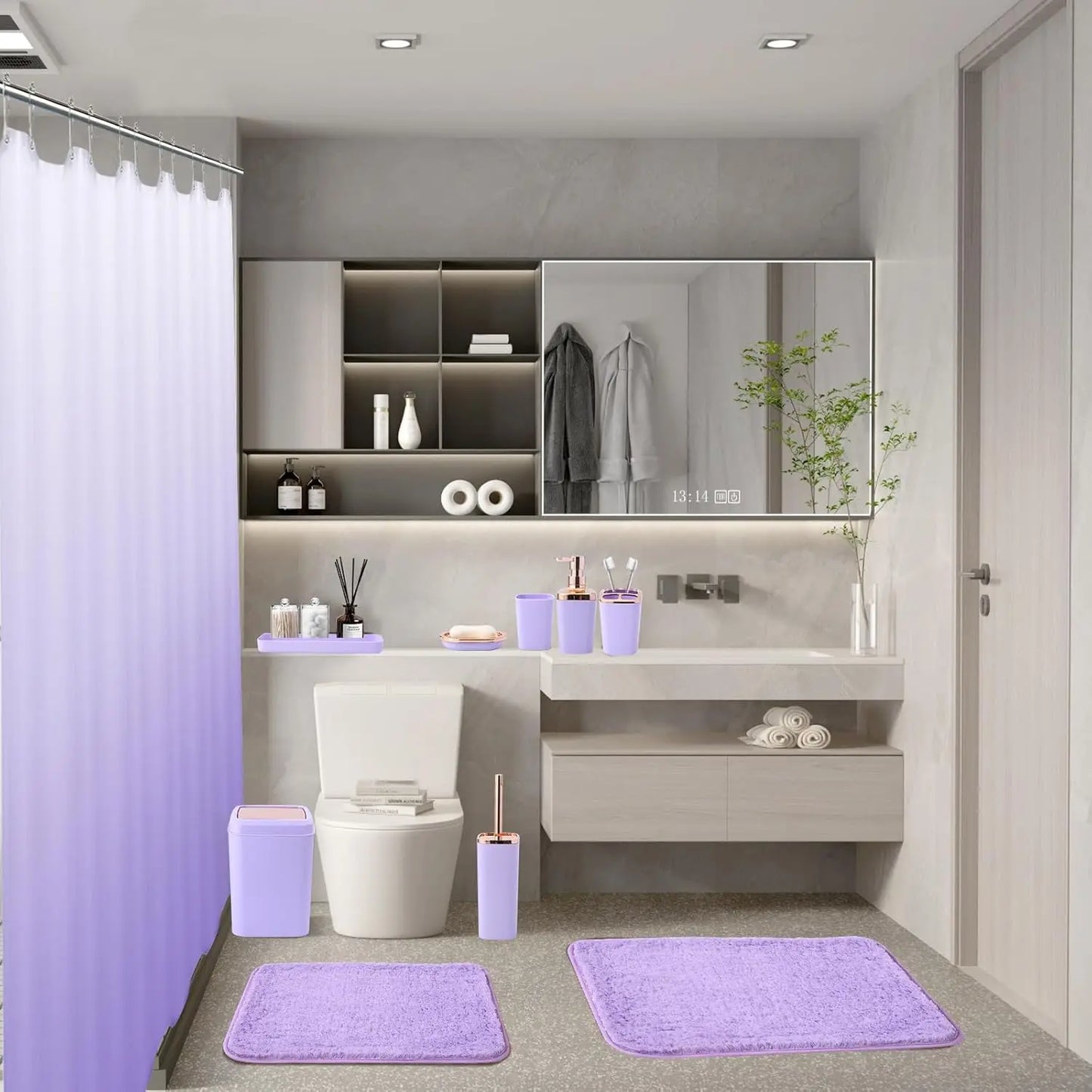 Complete Bathroom Accessory Set With Ombre Shower Curtain And Non Slip Rugs