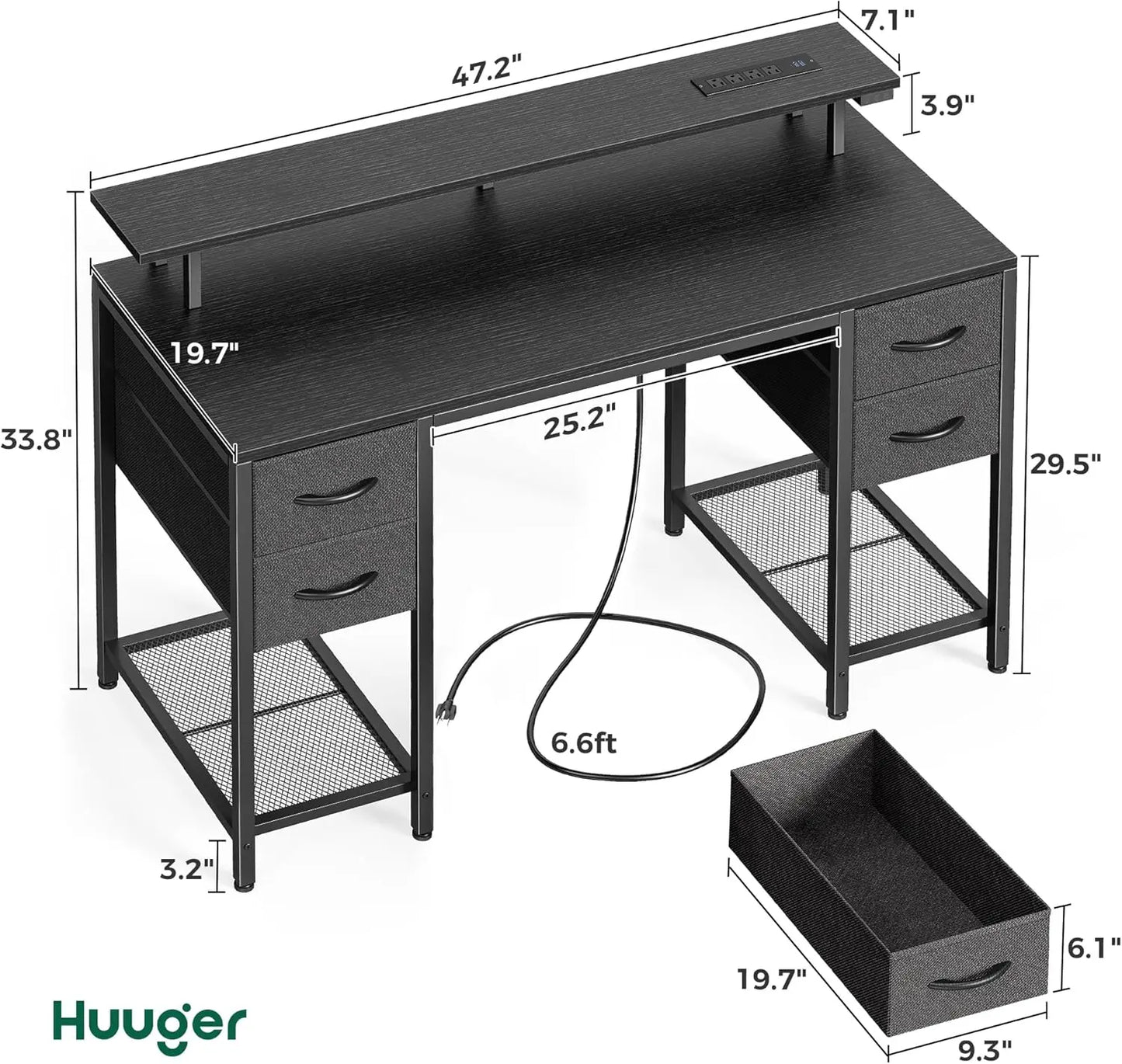 47-Inch Gaming Desk with LED Lights, Power Outlets, and 4 Drawers for Home Office and Bedroom Use in Black