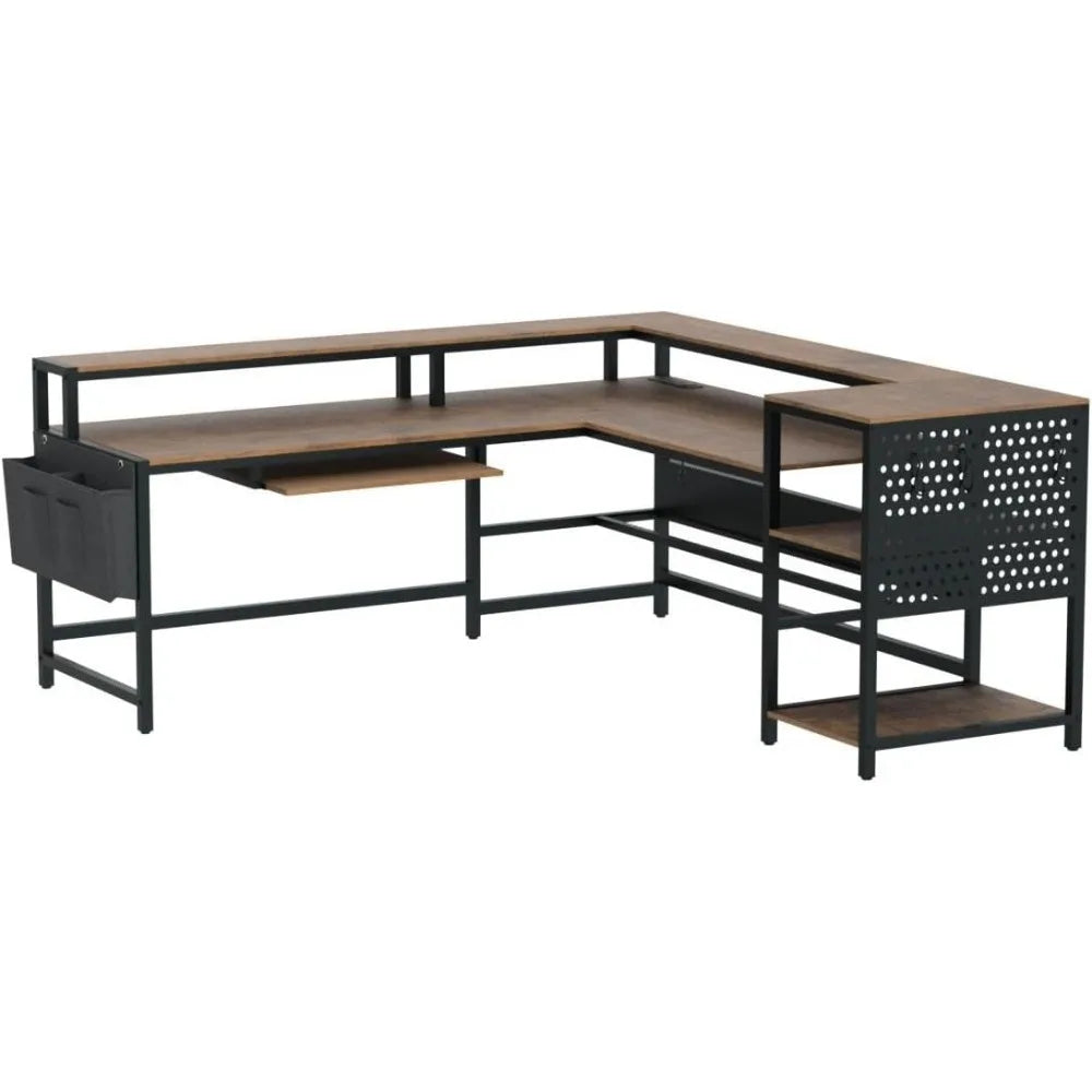 Zhuxiang L Shaped Computer Desk With Power Outlets And LED