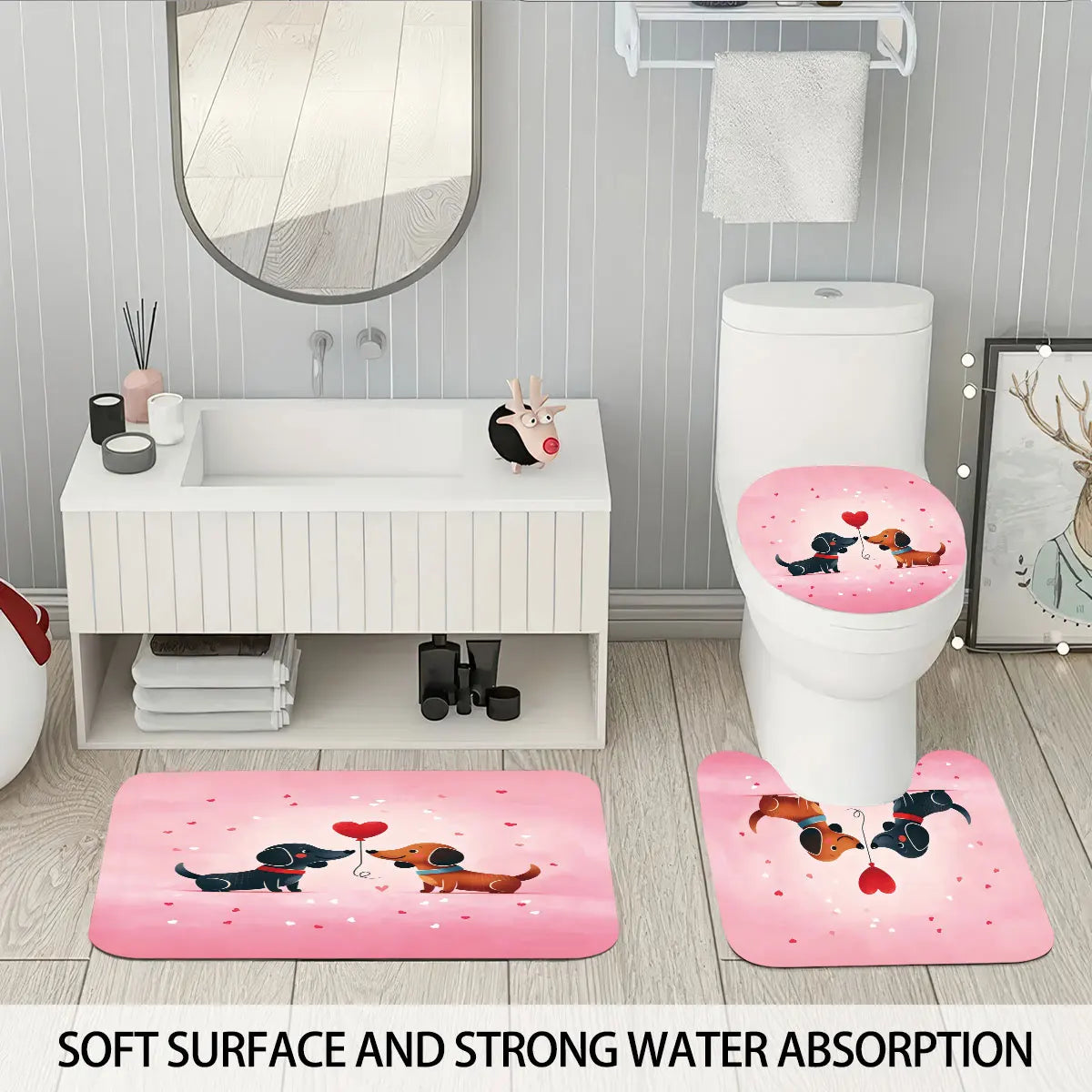 4pcs Valentine's Day Pink Romantic Sausage Dog Print Bathroom Set Waterproof Shower Curtain Floor Mat U-shaped Toilet Mat