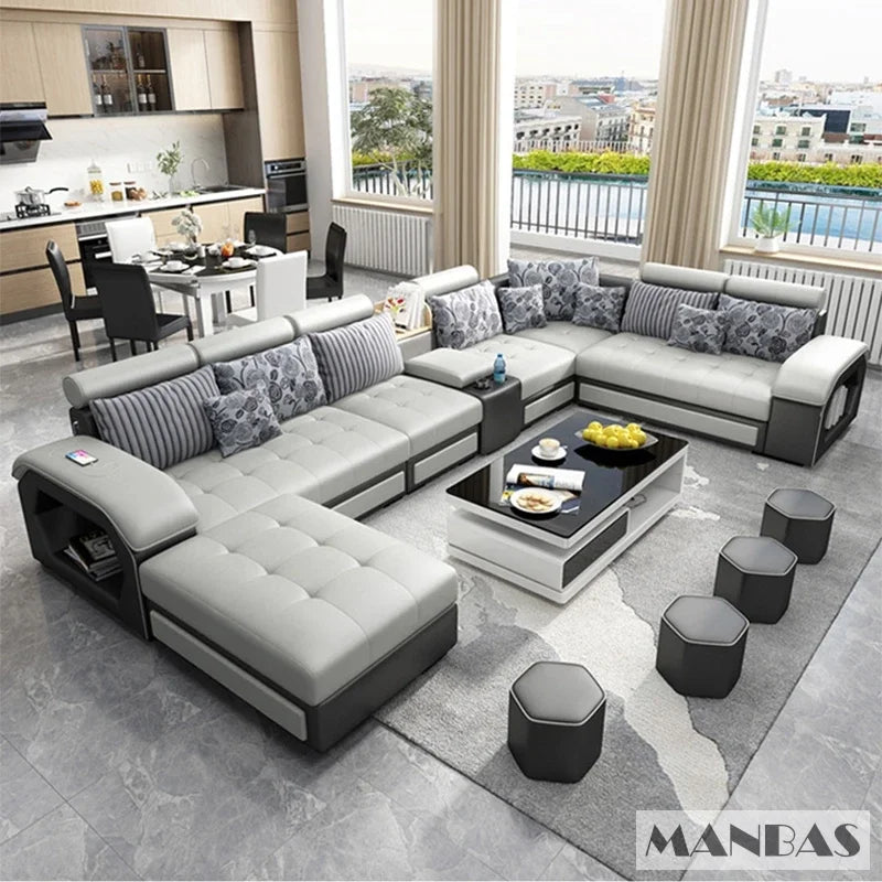 Linlamlim U Shape Fabric Sofa Set With USB Ports And Stools