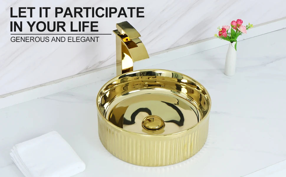 KEMAIDI Round Vessel Sink With Faucet Ceramic Bathroom Set