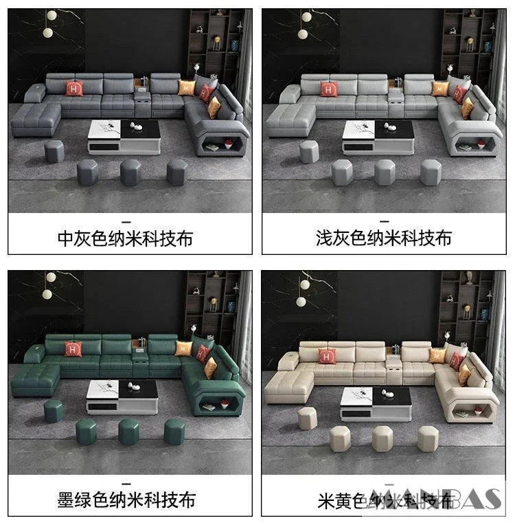 Linlamlim U Shape Fabric Sofa Set With USB Ports And Stools