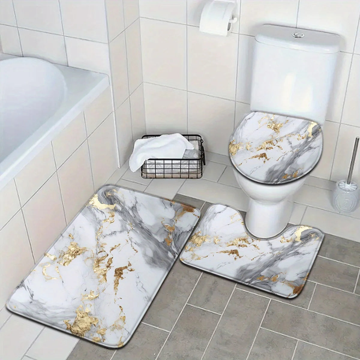 Marble Bathroom Mat Set Non Slip U Shaped Floor Mat Toilet Seat Polyester