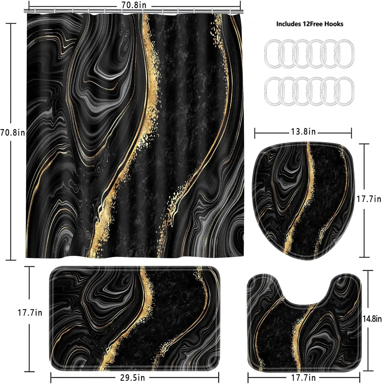 4-Piece Black Marble Shower Curtain Set with Gold Rugs, Modern Abstract Bathroom Decor Accessories for Toilet and Floor