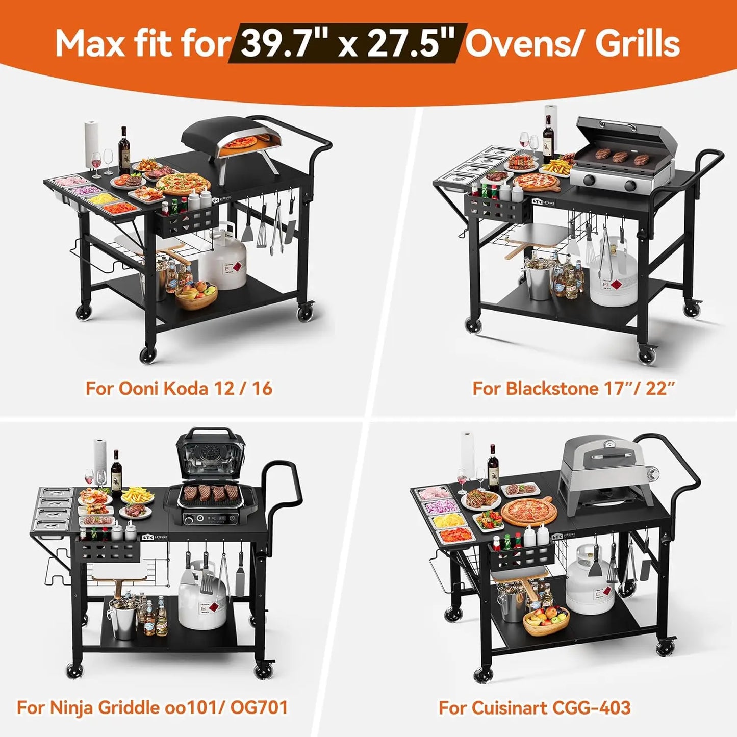 Universal Outdoor Pizza Oven Cart with Wheels, Heavy-Duty Steel Frame, Spice Rack & Storage for BBQ Prep