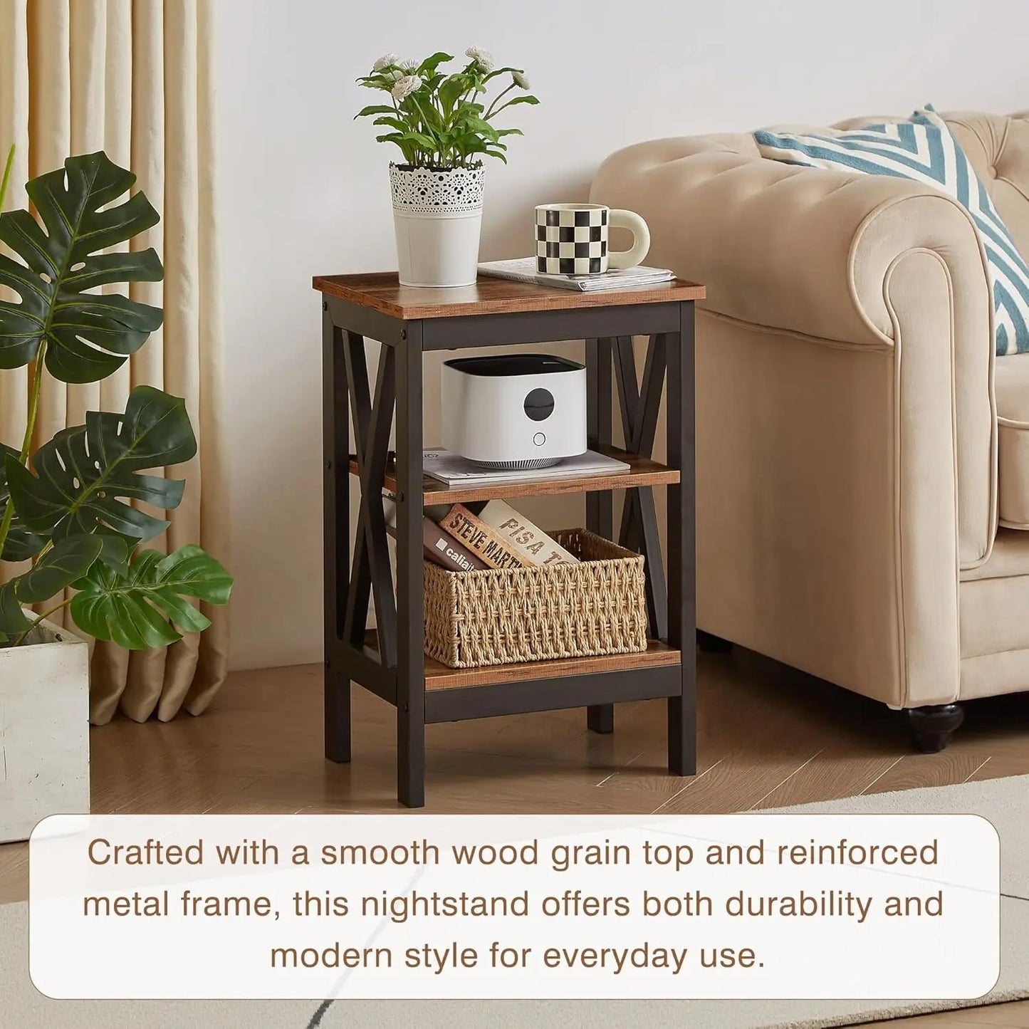 Rustic End Table Set With X Design And Tier Storage
