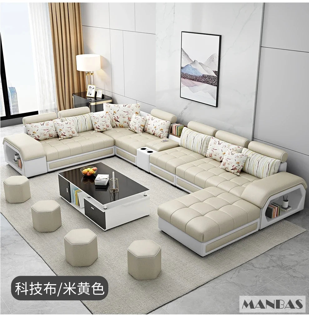 Linlamlim U Shape Fabric Sofa Set With USB Ports And Stools