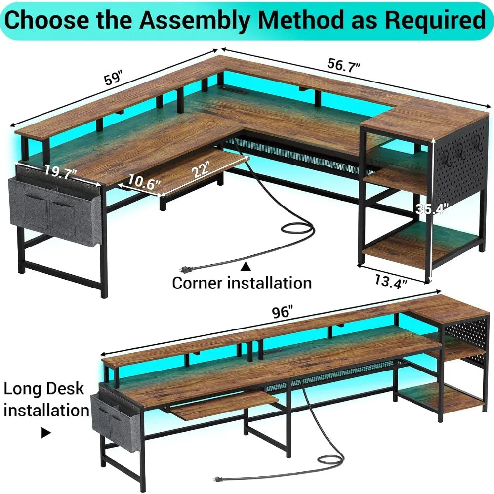 Zhuxiang L Shaped Computer Desk With Power Outlets And LED