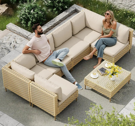 7-Piece Wicker Outdoor Patio Furniture Set, Modular Rattan Outdoor Furniture, Patio Conversation Sets Outdoor Sectionals Sofa,