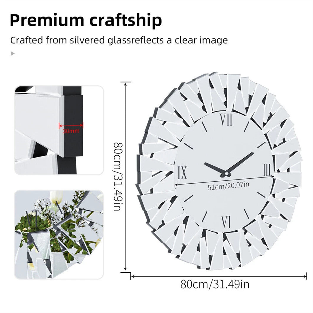3D Mirrored Sunburst Wall Clock With Roman Numerals