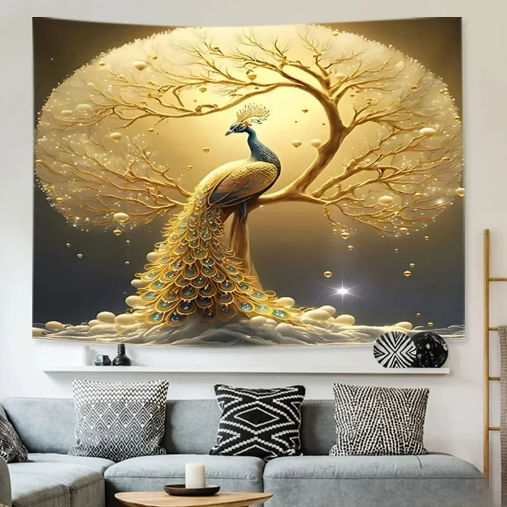 Golden Peacock Wall Tapestry Dreamy Tree And Feather Art